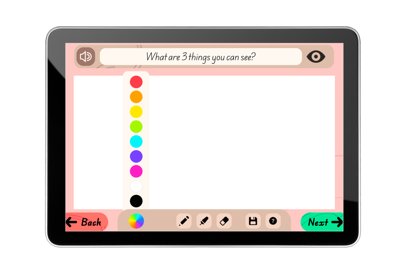 A tablet showing the SoundSmiles 3-3-3 drawing activity: What are 3 things you can see?